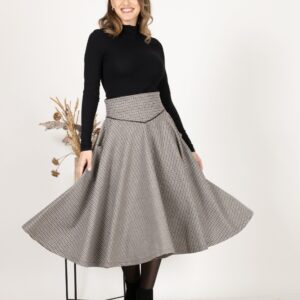 Elegantes Wool Midi Flared Skirt with High Waist in Houndstooth Pattern