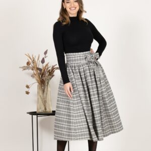 Elegantes Cotton Midi Plaid Skirt with High Waisted Bow and Pockets