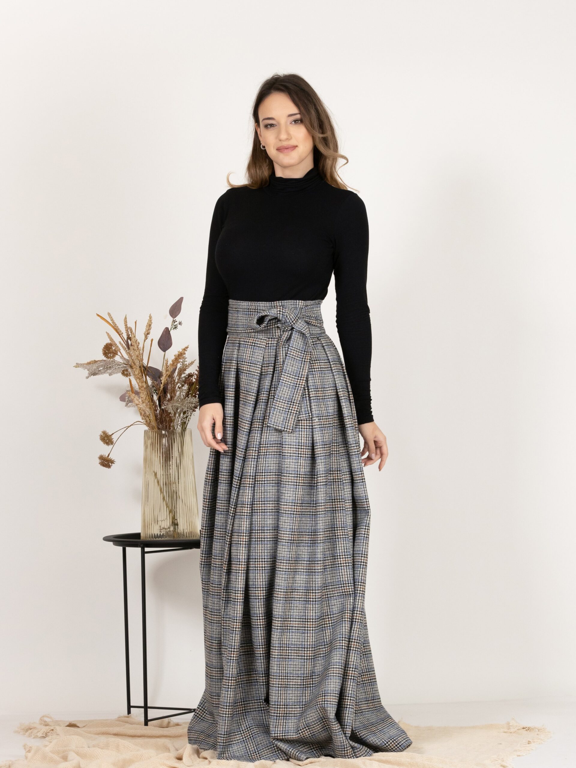 Elegantes Plaid Wool Pleated Skirt with Ultra High Waist and Bow - Image 3