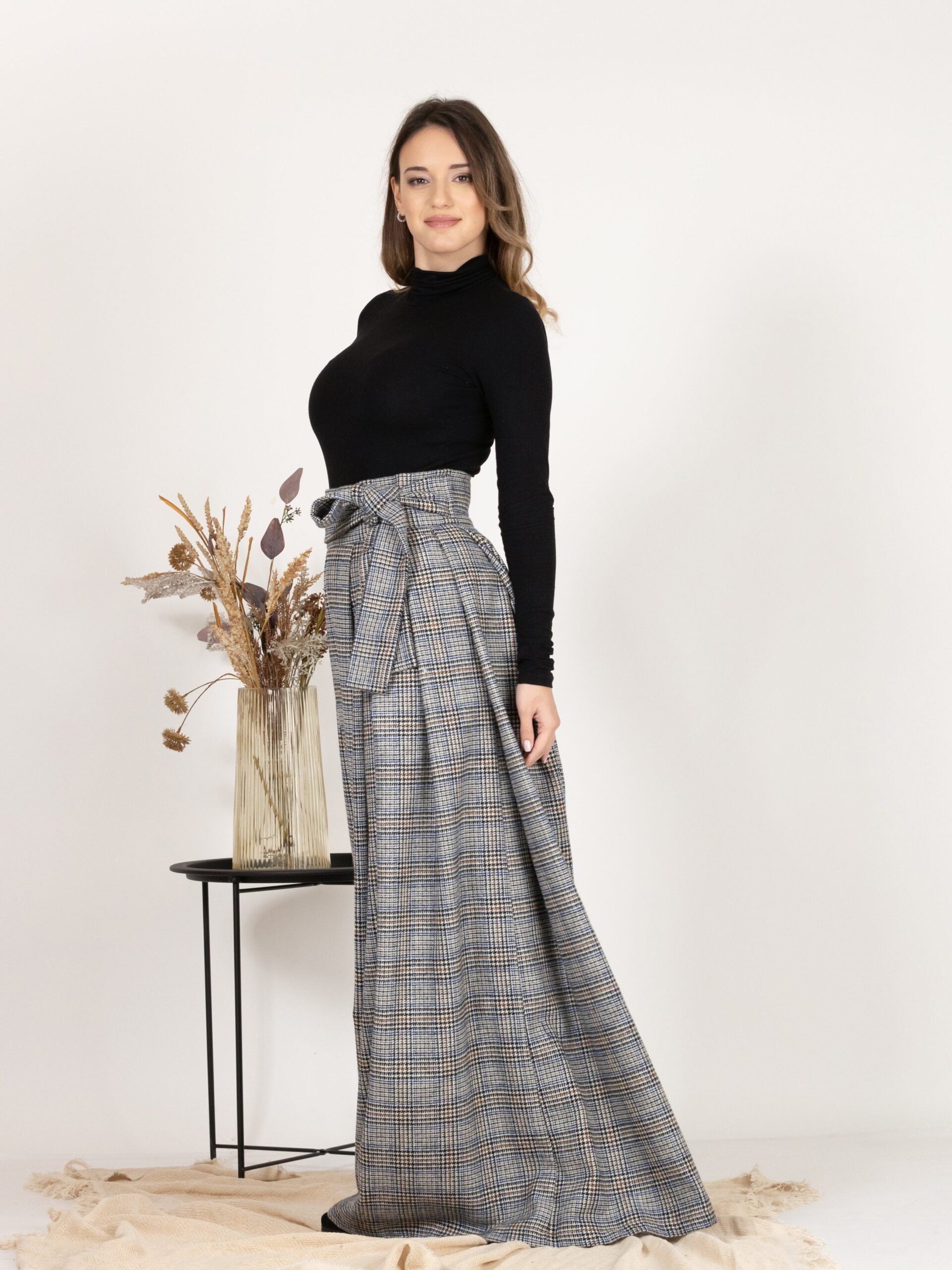Elegantes Plaid Wool Pleated Skirt with Ultra High Waist and Bow - Image 8