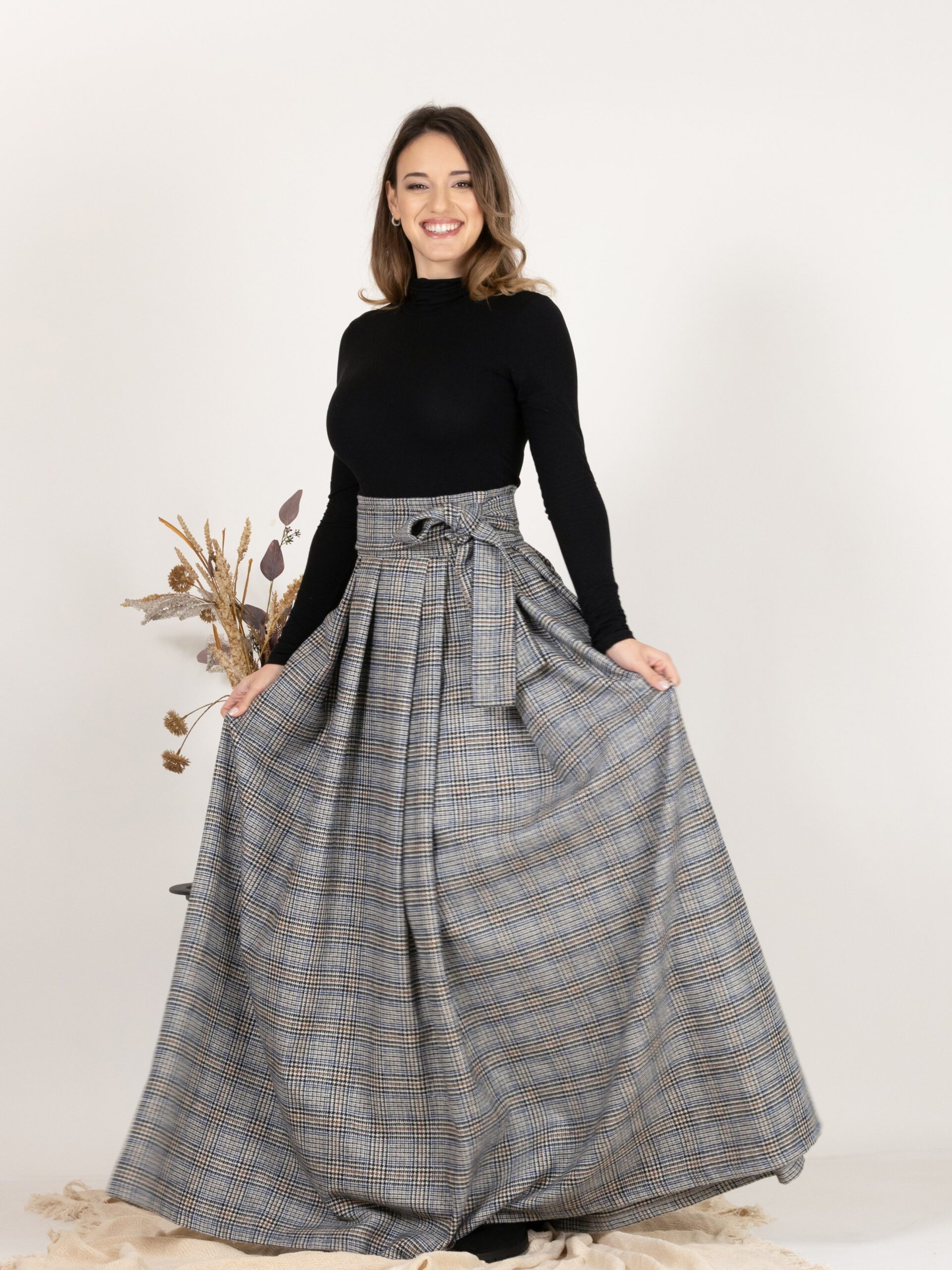 Elegantes Plaid Wool Pleated Skirt with Ultra High Waist and Bow - Image 2