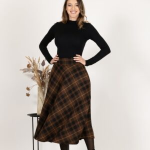Elegantes Midi Wool Plaid Skirt with High Waist and Pockets