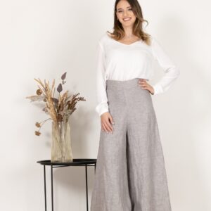Elegantes Gray Wide Leg Linen Skirt Pants with High Waist