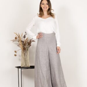 Alternative view of Elegantes Gray Wide Leg Linen Skirt Pants with High Waist