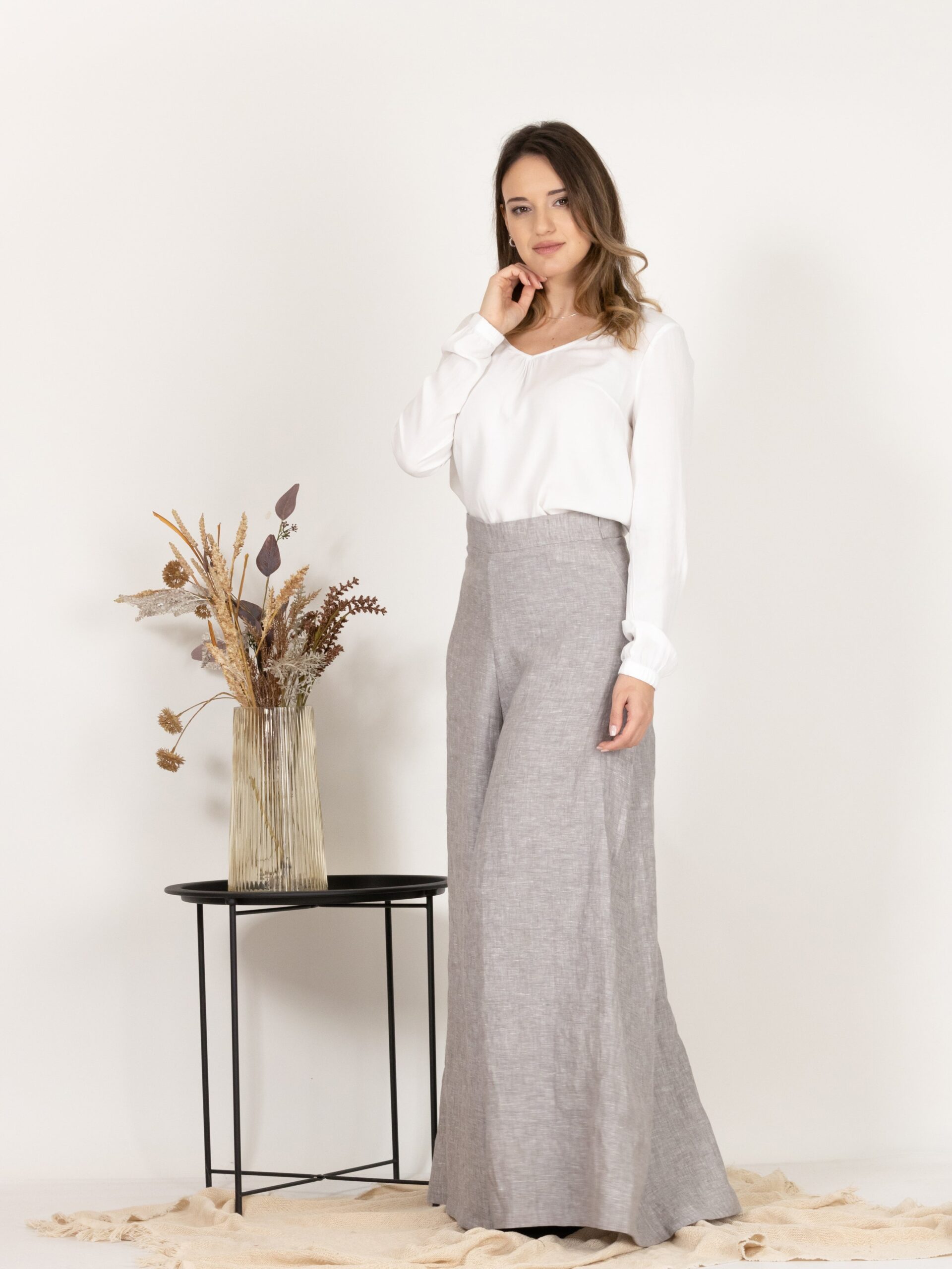 Elegantes Gray Wide Leg Linen Skirt Pants with High Waist - Image 3