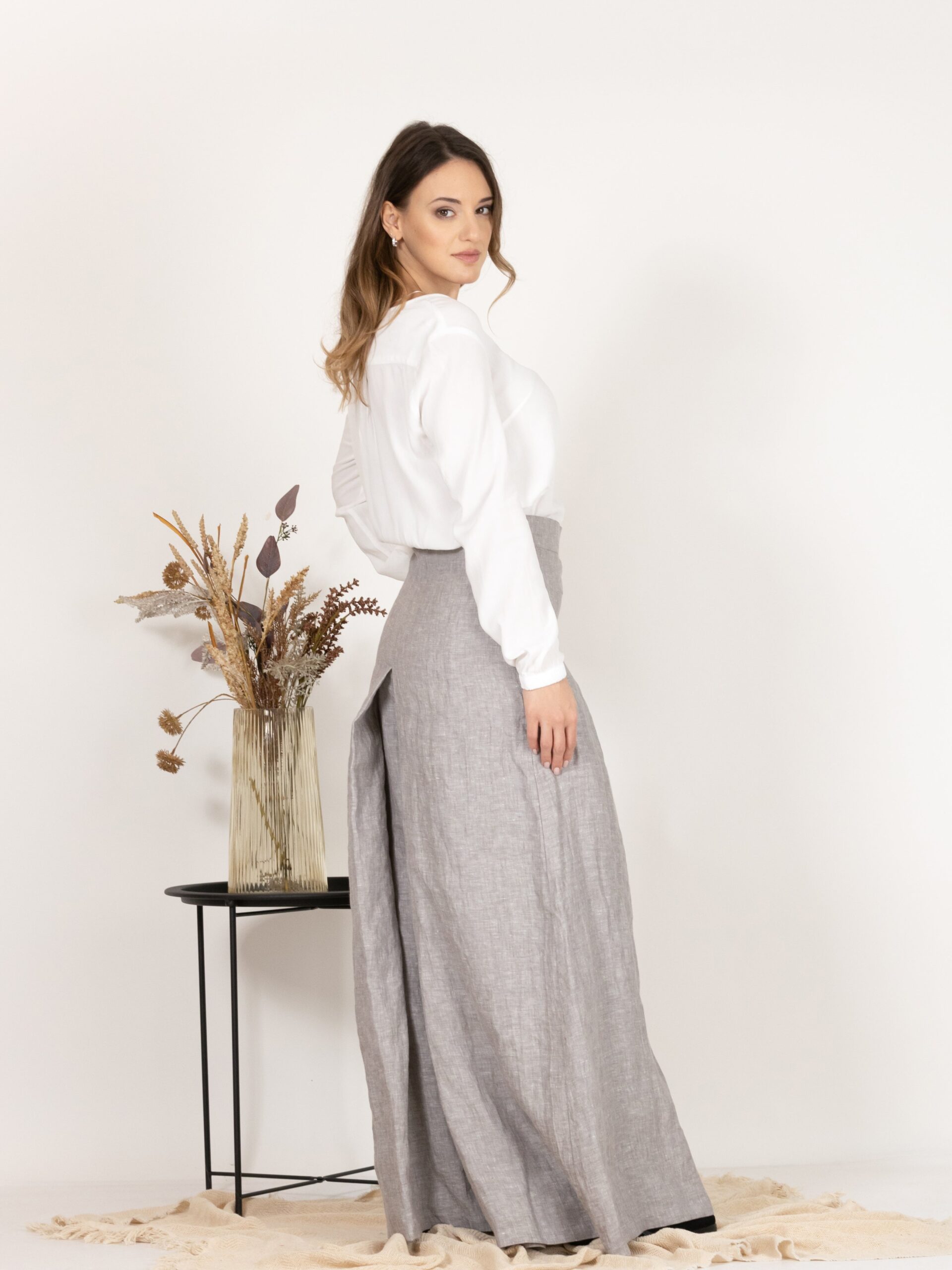 Elegantes Gray Wide Leg Linen Skirt Pants with High Waist - Image 6