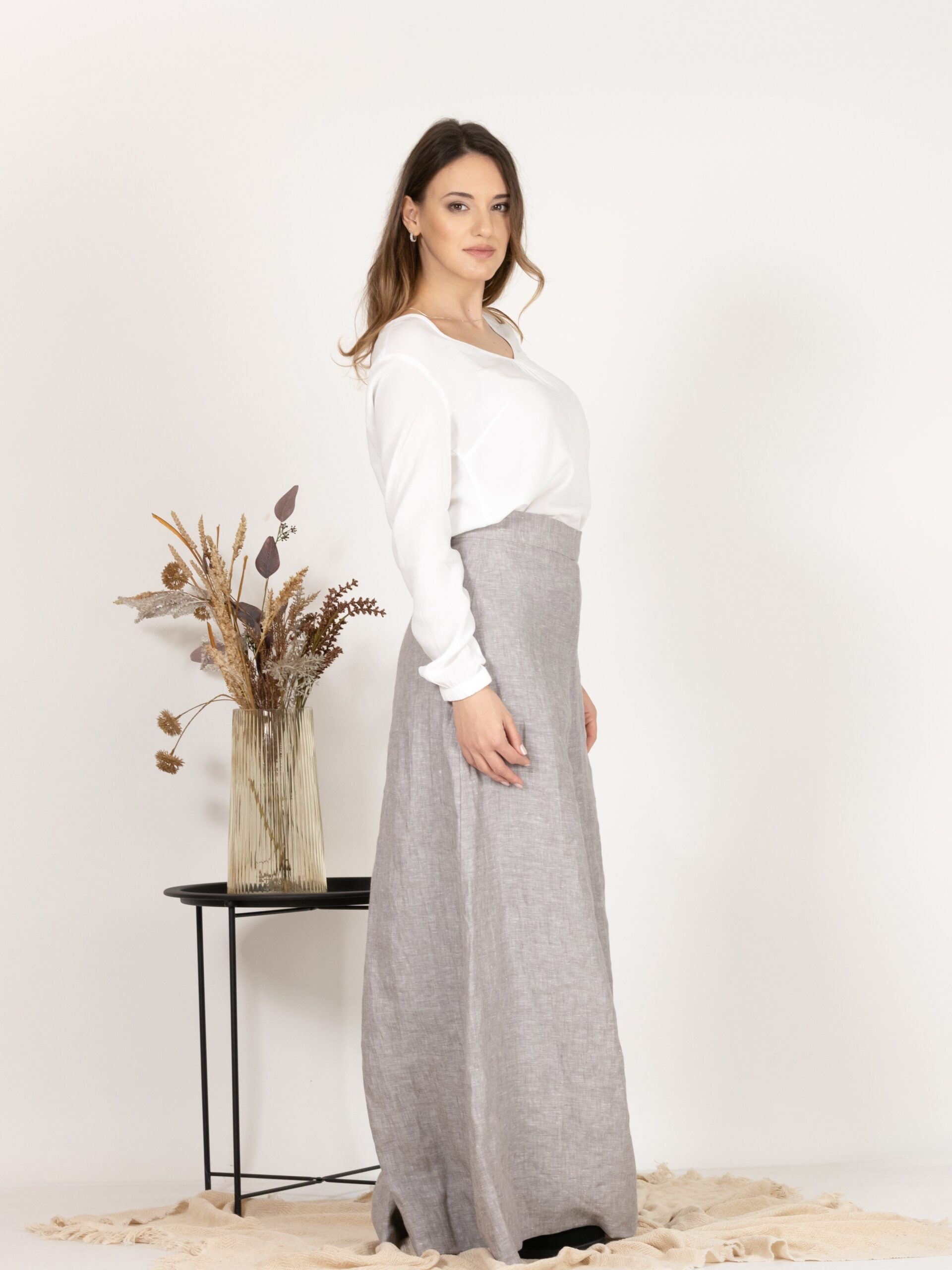 Elegantes Gray Wide Leg Linen Skirt Pants with High Waist - Image 7