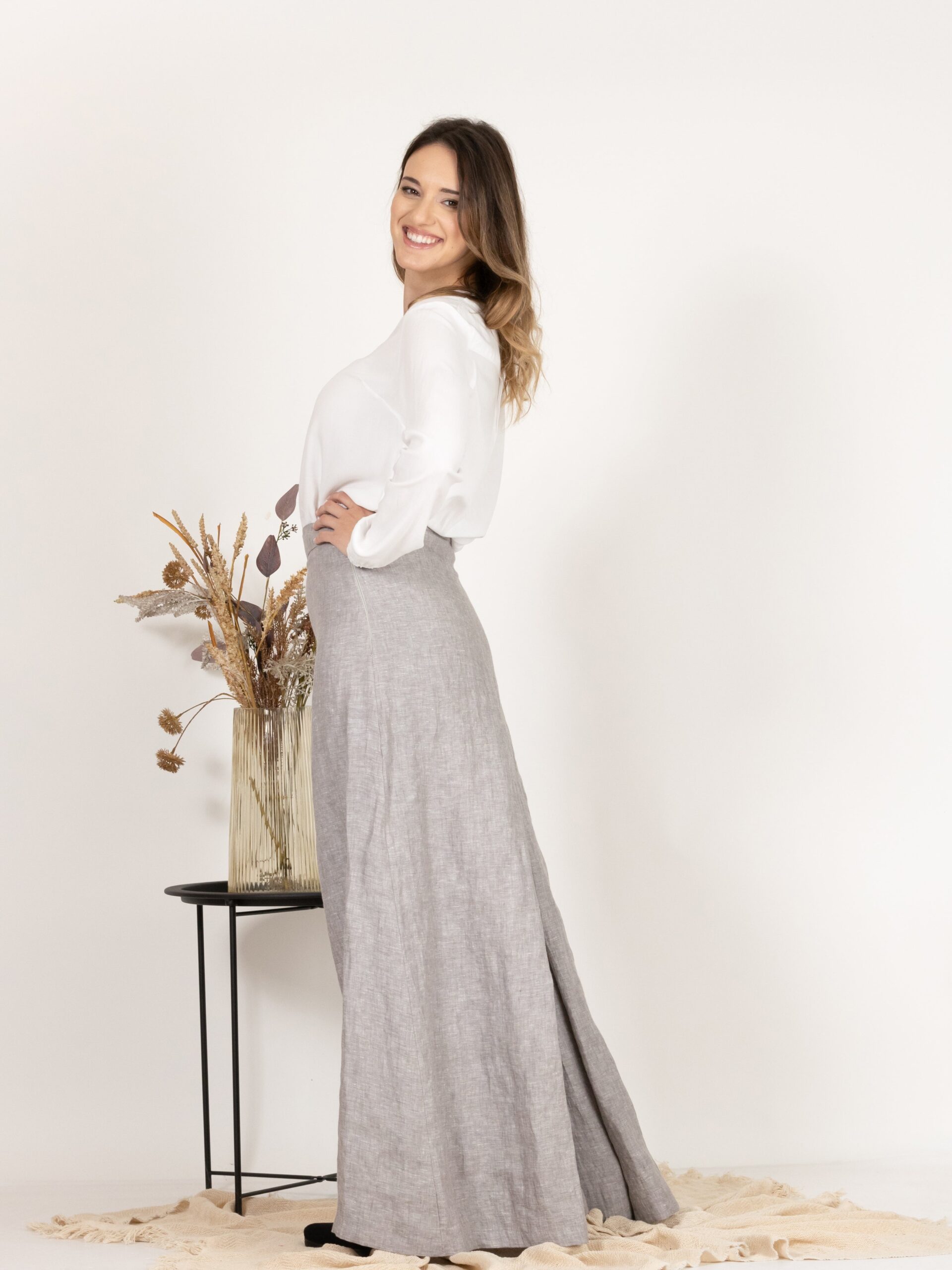 Elegantes Gray Wide Leg Linen Skirt Pants with High Waist - Image 8