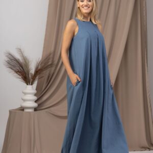 Elegantes Slate Blue Lässiges Linen Maxikleid