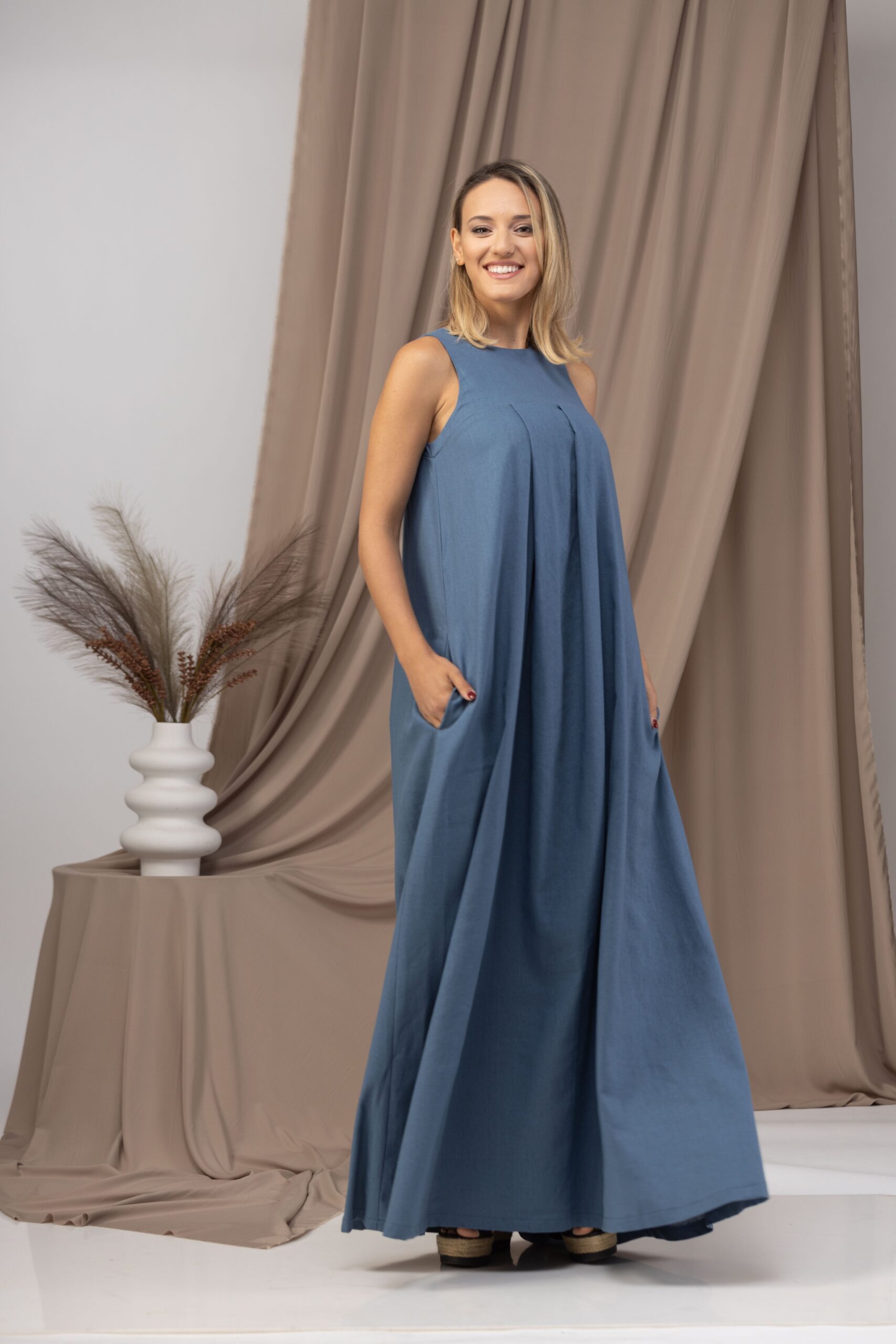 Elegantes Slate Blue Lässiges Linen Maxikleid