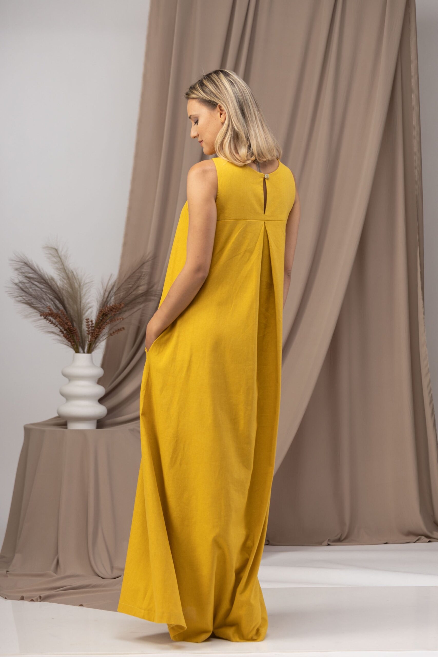 Elegantes Mustard Lässiges Linen Maxikleid
