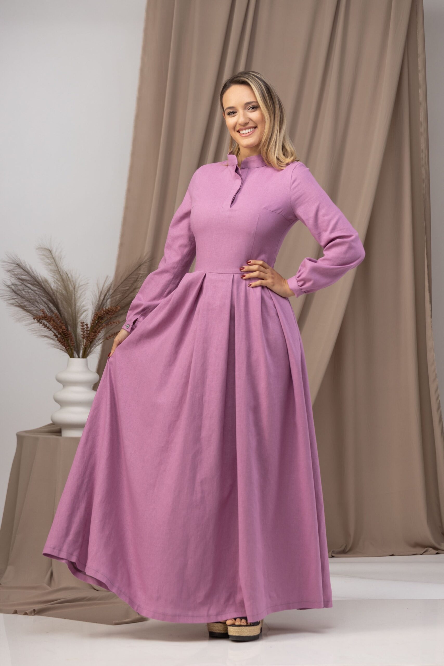 Elegantes Mustard Linen Prairie Maxikleid - Image 9
