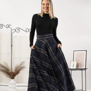 Elegantes Wool Maxi Plaid High Waisted Skirt with Pockets