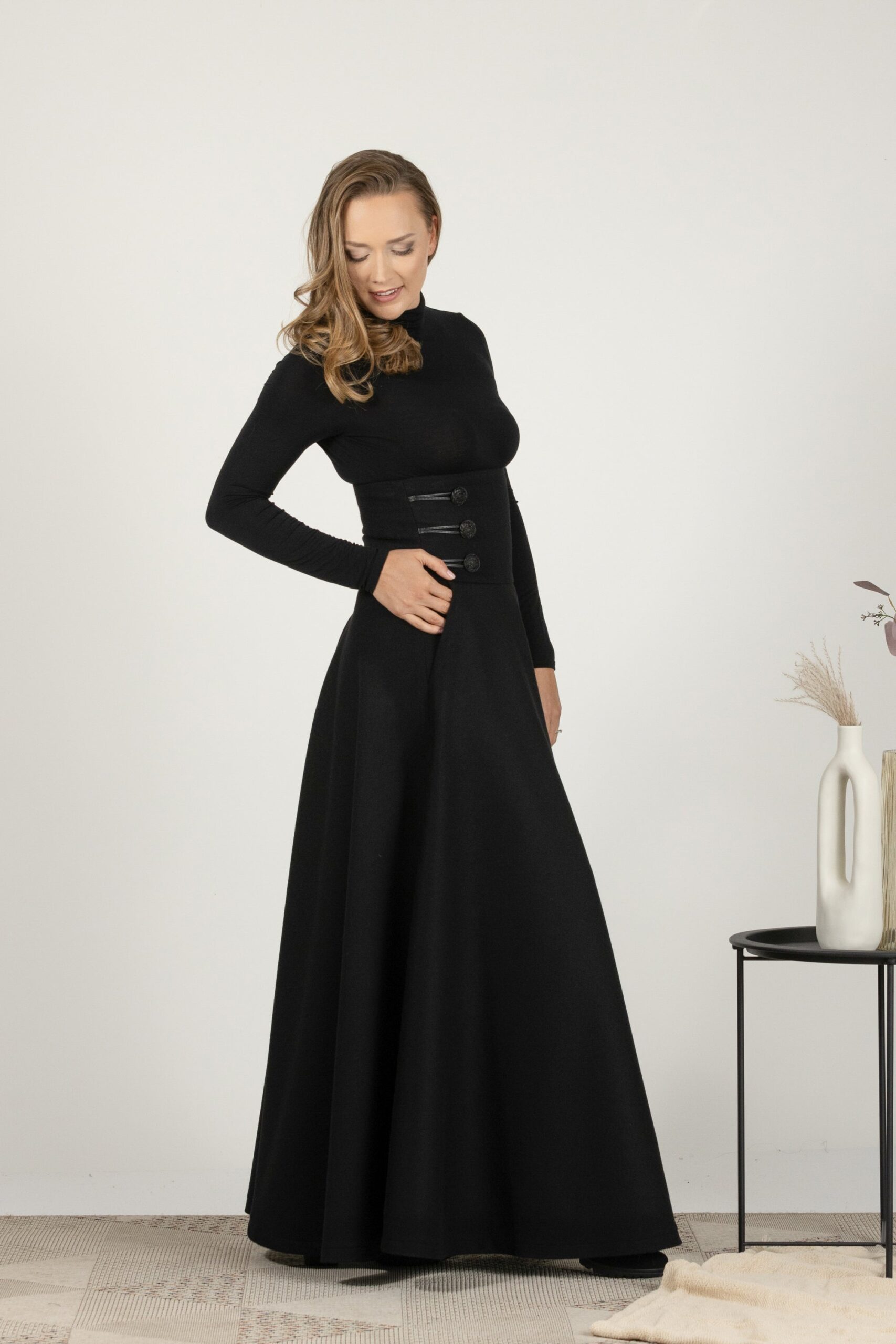 Elegantes Black Winter Wool Maxi Skirt