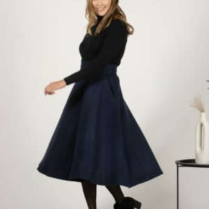 Elegantes Dark Blue High Waist Wool Midi Skirt