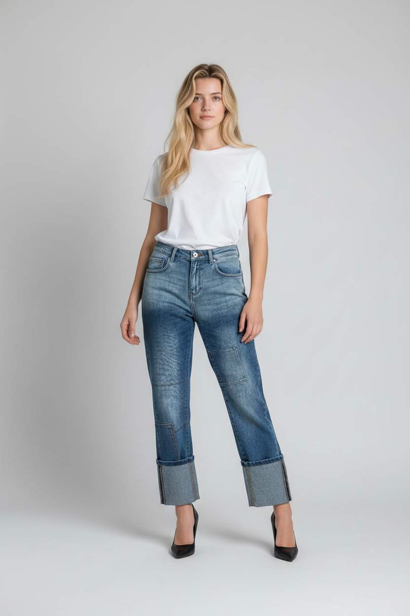 Elegantes Damen Sexy Woman Boyfriend Jeans mit Ziernähten in verwaschenem Mittelblau