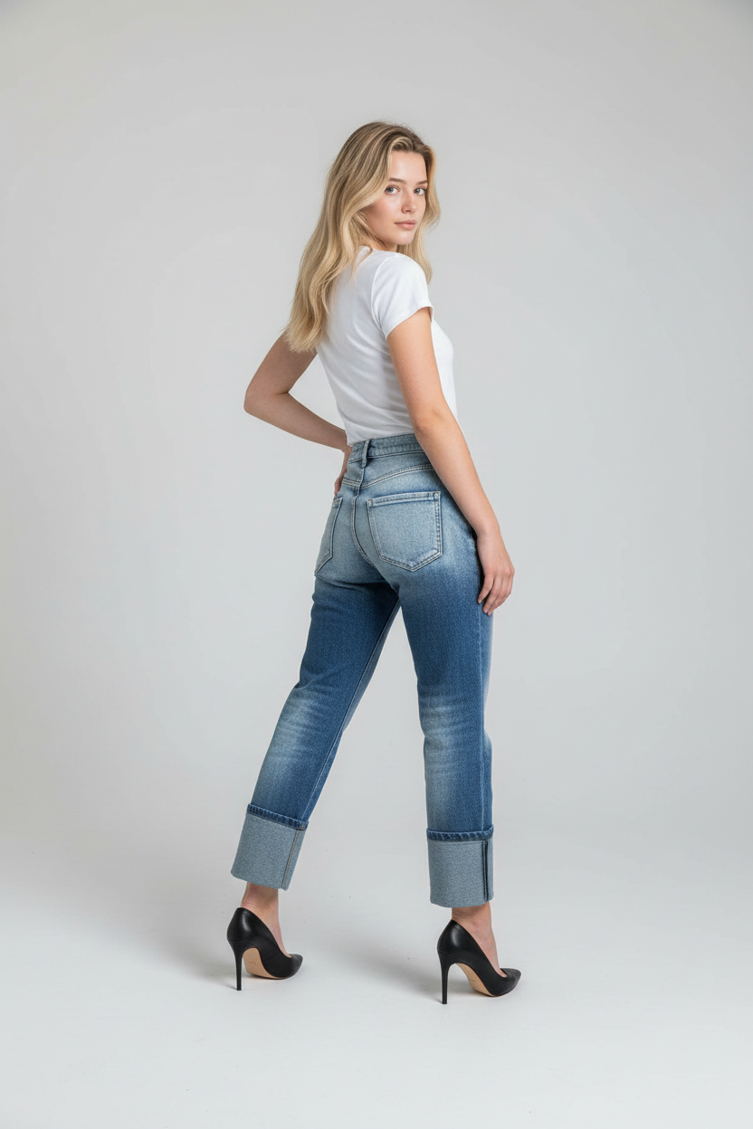 Elegantes Damen Sexy Woman Boyfriend Jeans mit Ziernähten in verwaschenem Mittelblau - Image 2