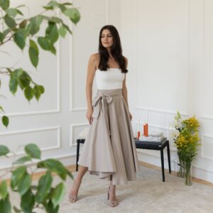 Elegantes Midi Cotton Flutter Elegant Skirt with High Waist and Front Bow