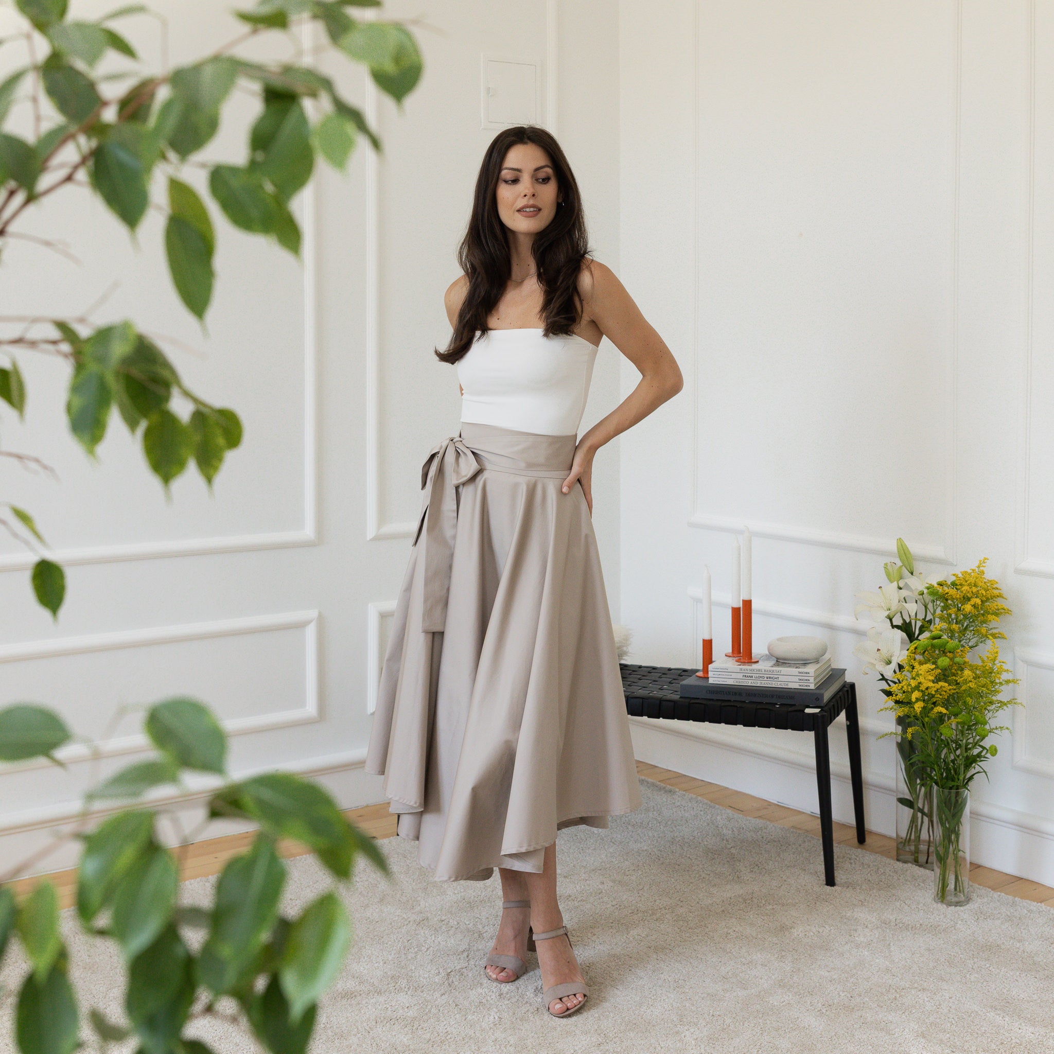 Elegantes Midi Cotton Flutter Elegant Skirt with High Waist and Front Bow - Image 3