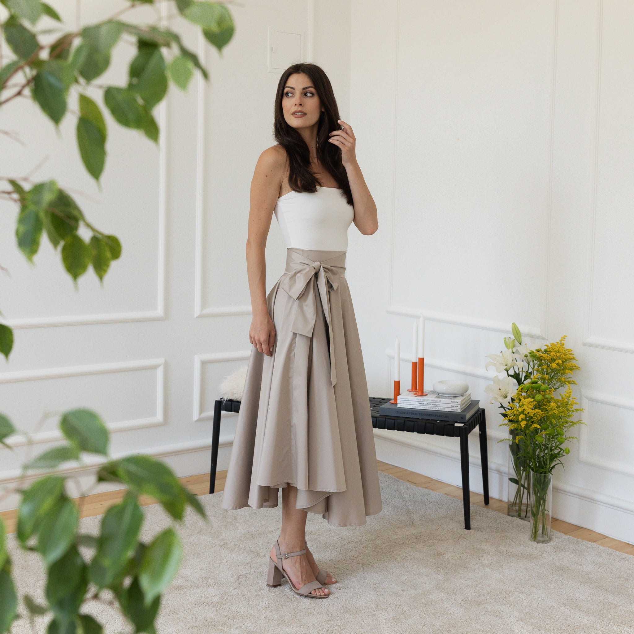 Elegantes Midi Cotton Flutter Elegant Skirt with High Waist and Front Bow - Image 4