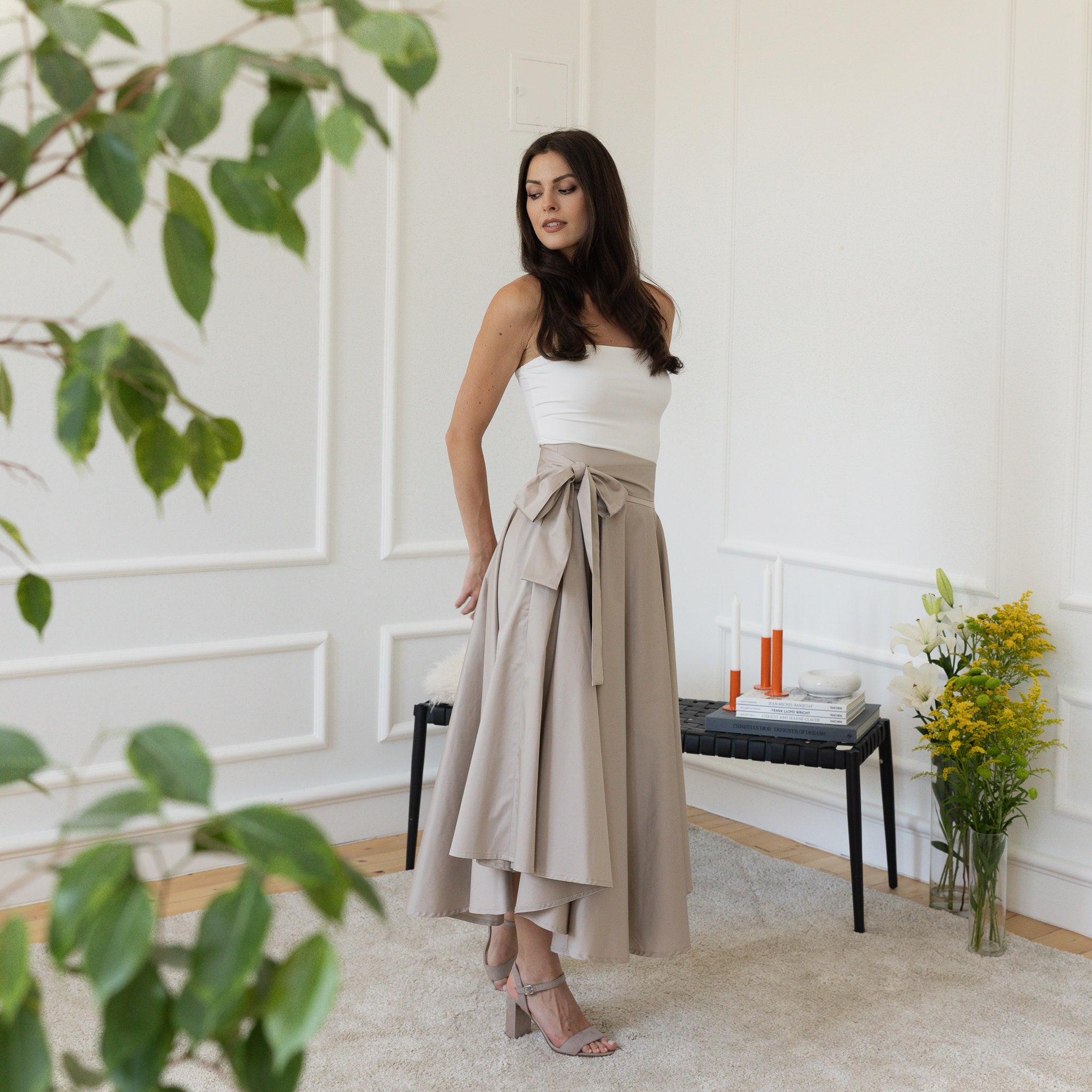 Elegantes Midi Cotton Flutter Elegant Skirt with High Waist and Front Bow - Image 5