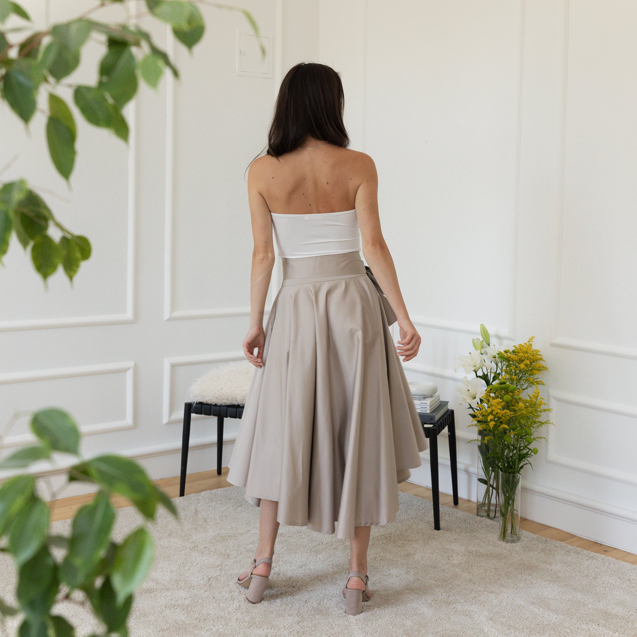 Elegantes Midi Cotton Flutter Elegant Skirt with High Waist and Front Bow - Image 7