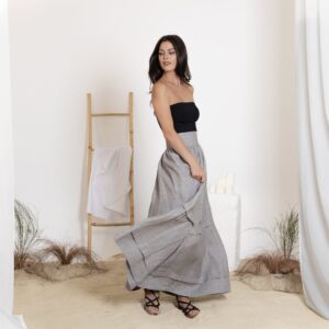 Elegantes Linen Maxi Tiered Skirt with High Waist and Pockets