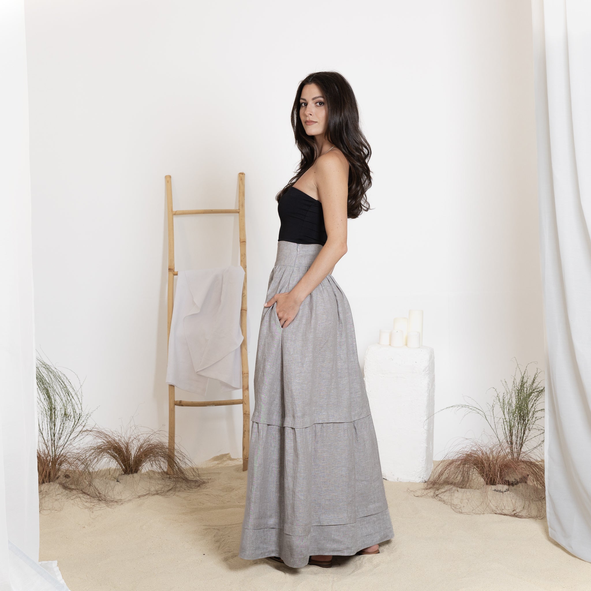Elegantes Linen Maxi Tiered Skirt with High Waist and Pockets - Image 5