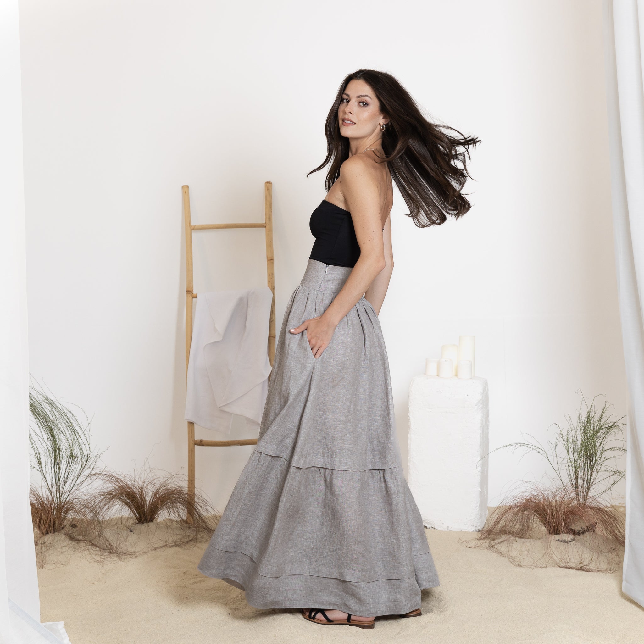 Elegantes Linen Maxi Tiered Skirt with High Waist and Pockets - Image 6