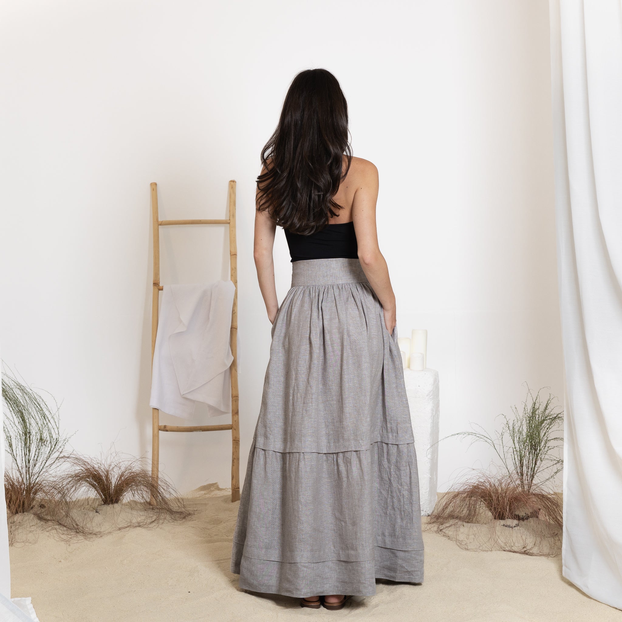 Elegantes Linen Maxi Tiered Skirt with High Waist and Pockets - Image 7
