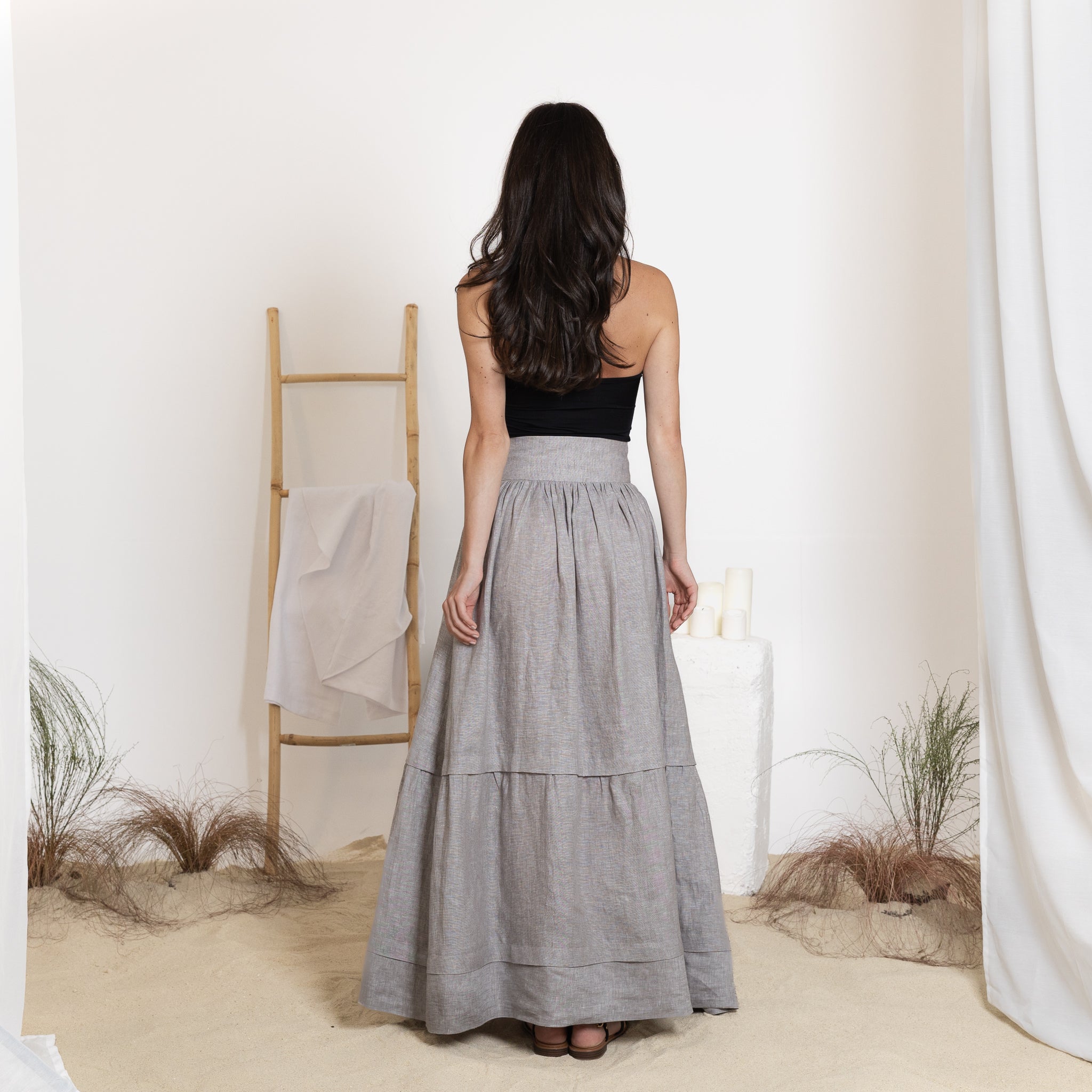 Elegantes Linen Maxi Tiered Skirt with High Waist and Pockets - Image 8