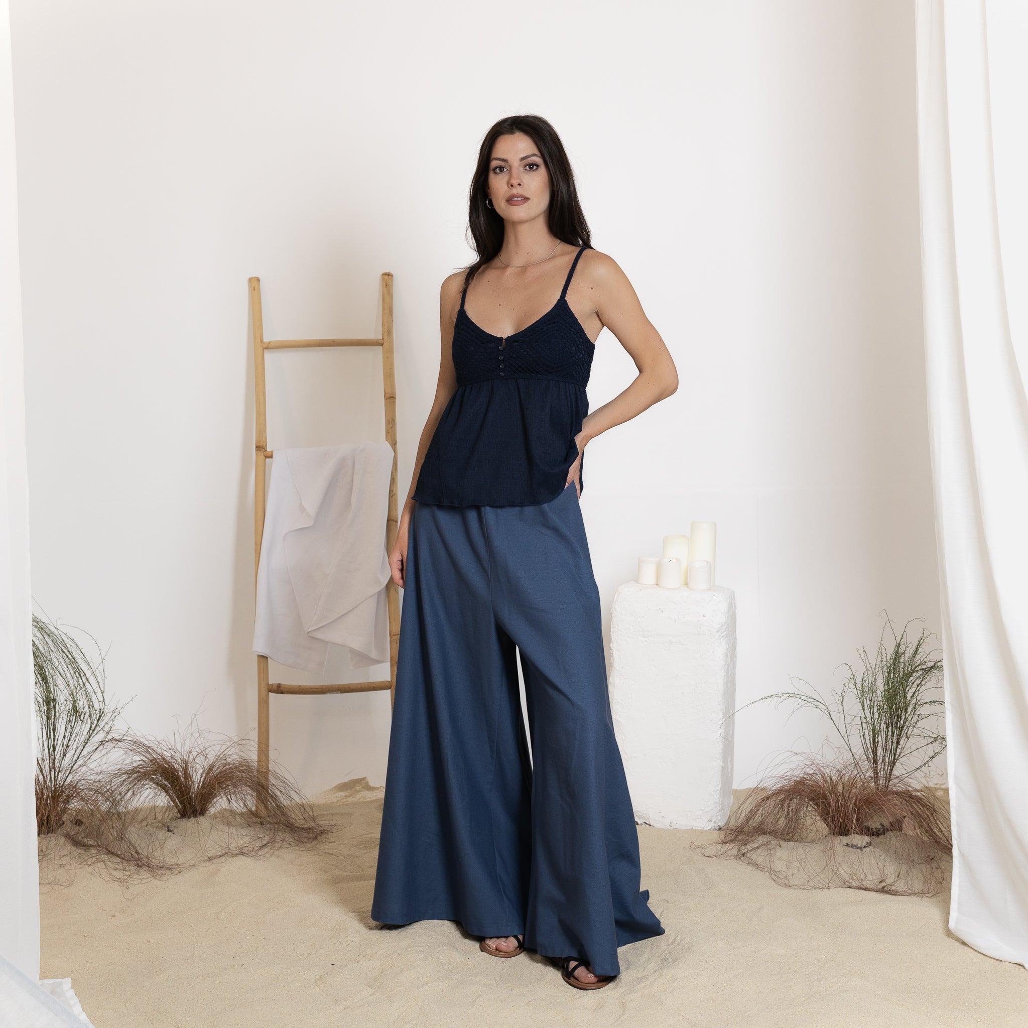 Elegantes Wide Leg Linen Pants with Elastic Waistband and High Waist - Image 2
