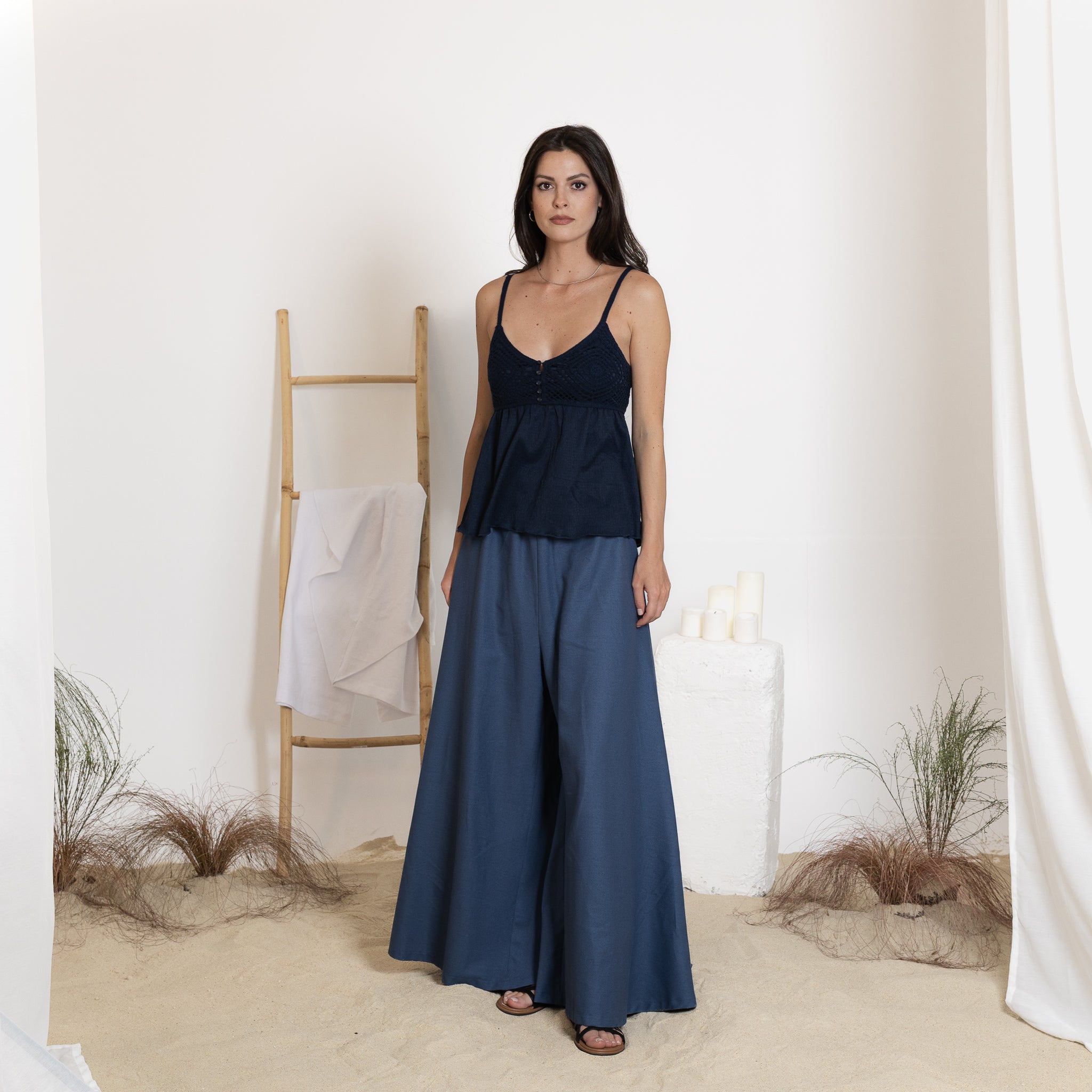 Elegantes Wide Leg Linen Pants with Elastic Waistband and High Waist - Image 3