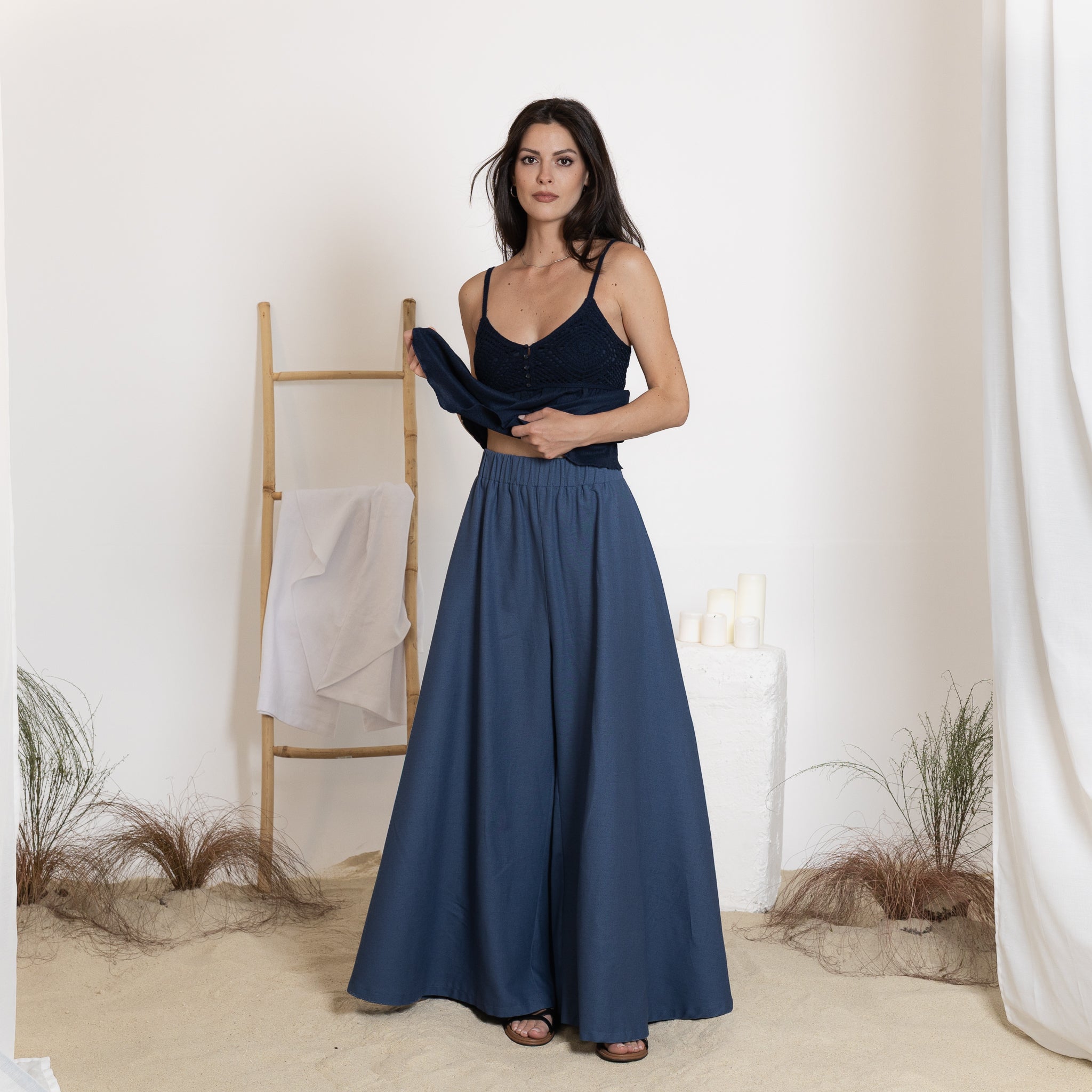 Elegantes Wide Leg Linen Pants with Elastic Waistband and High Waist - Image 4