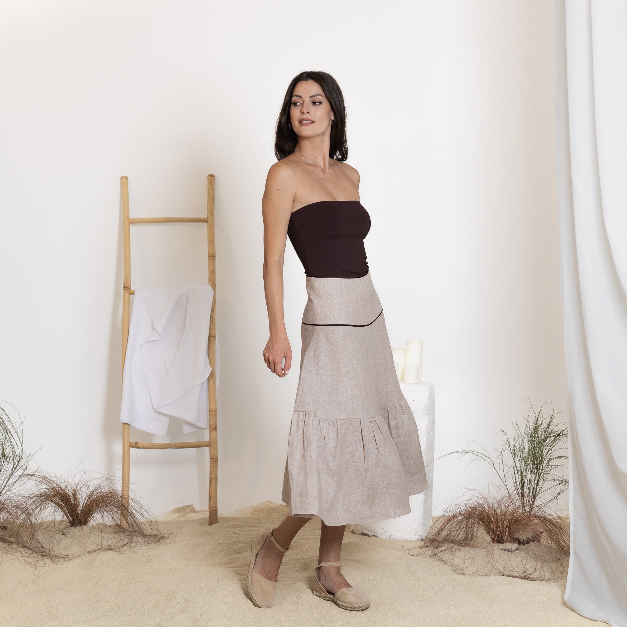 Elegantes Midi Linen A-Line Flutter Skirt with High Waist