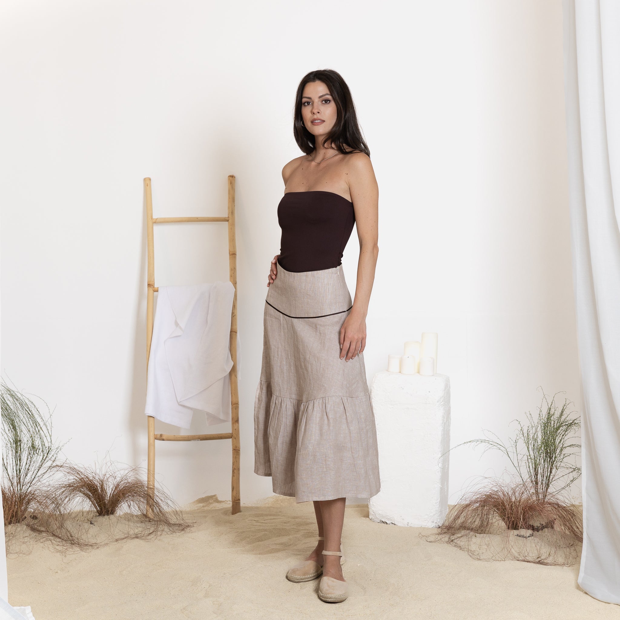 Elegantes Midi Linen A-Line Flutter Skirt with High Waist - Image 2