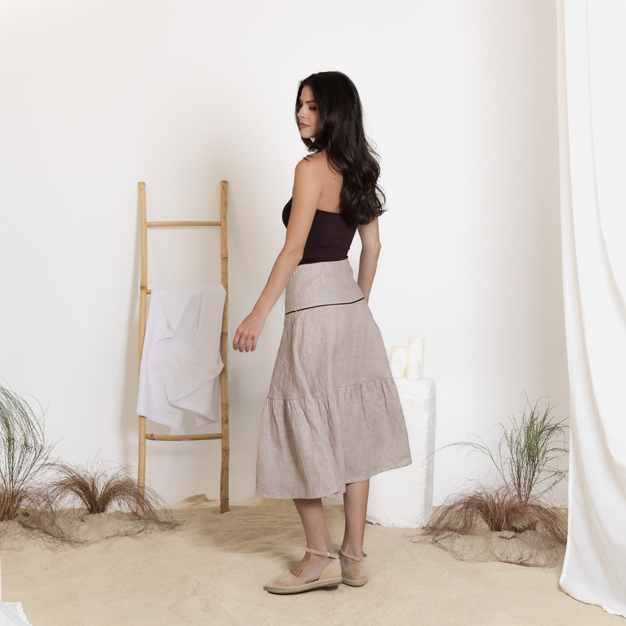 Elegantes Midi Linen A-Line Flutter Skirt with High Waist - Image 3
