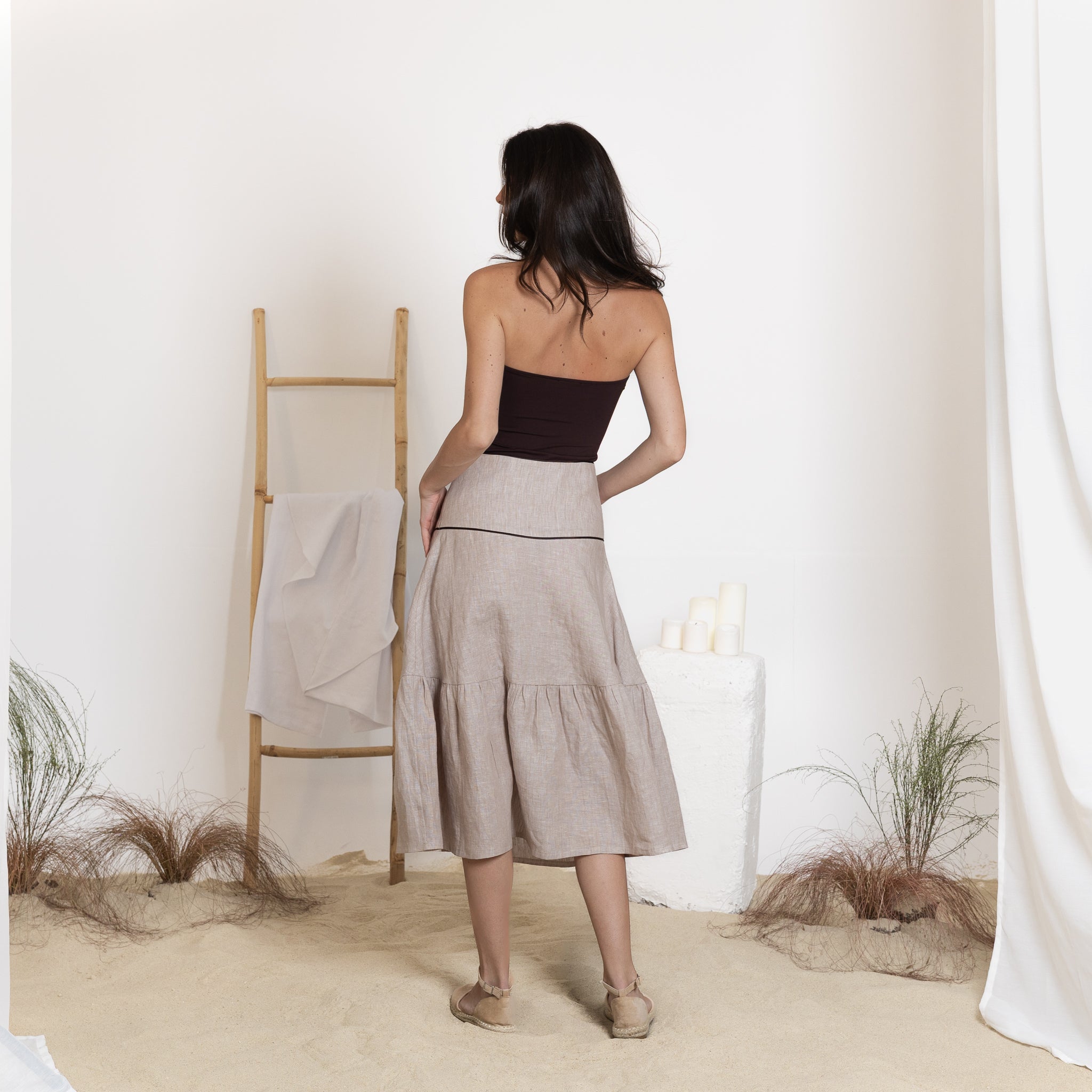 Elegantes Midi Linen A-Line Flutter Skirt with High Waist - Image 5