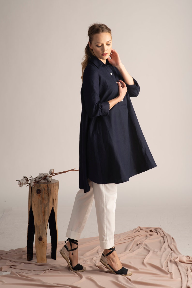 Elegantes Dusty Blue Oversized Linen Tunic - Image 7