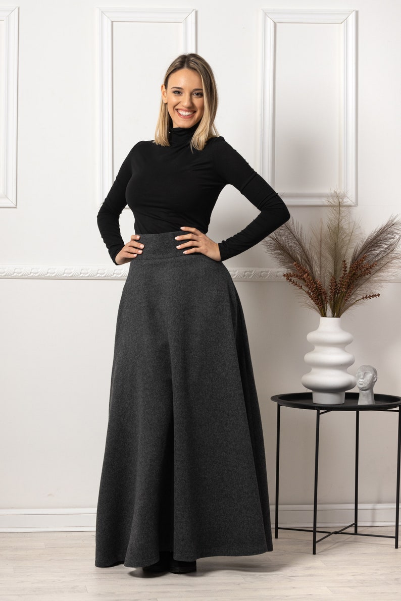 Elegantes Wool Maxi Plaid High Waisted Skirt with Pockets - Image 6